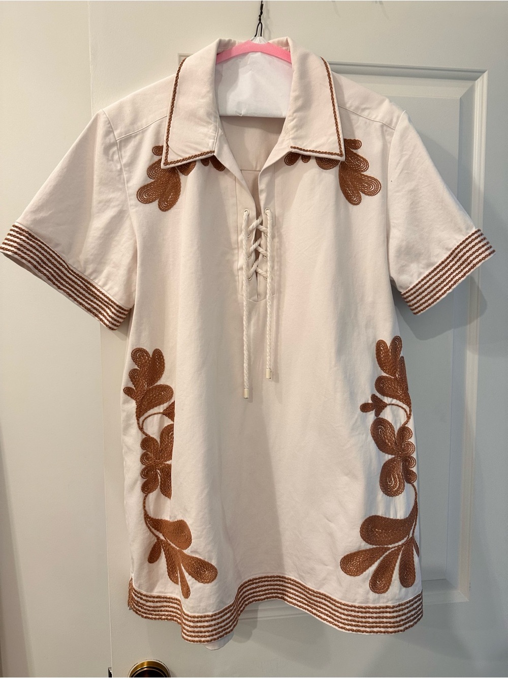 Kivari Cream Tunic Dress with Brown Embroidered Detail